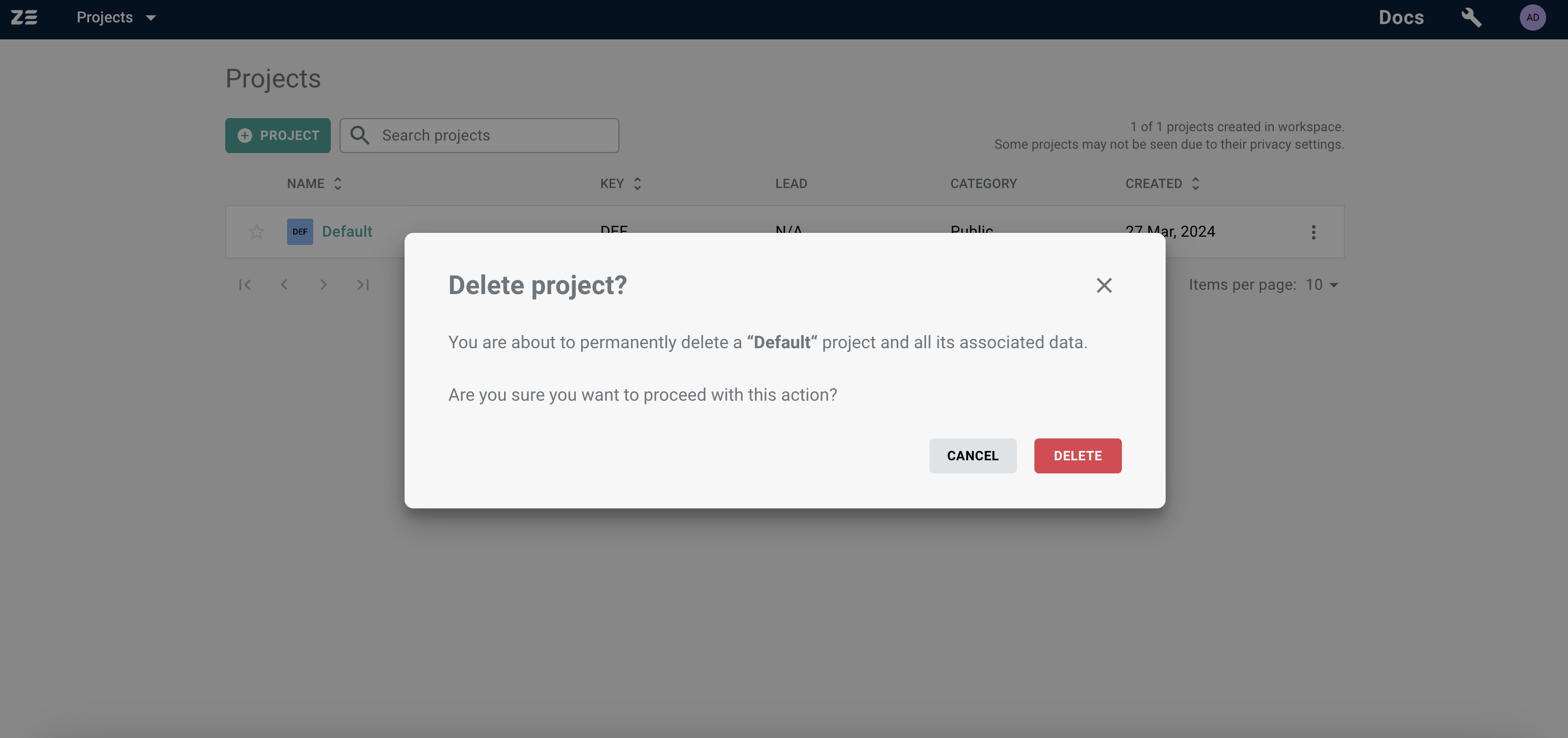 Deleting a project