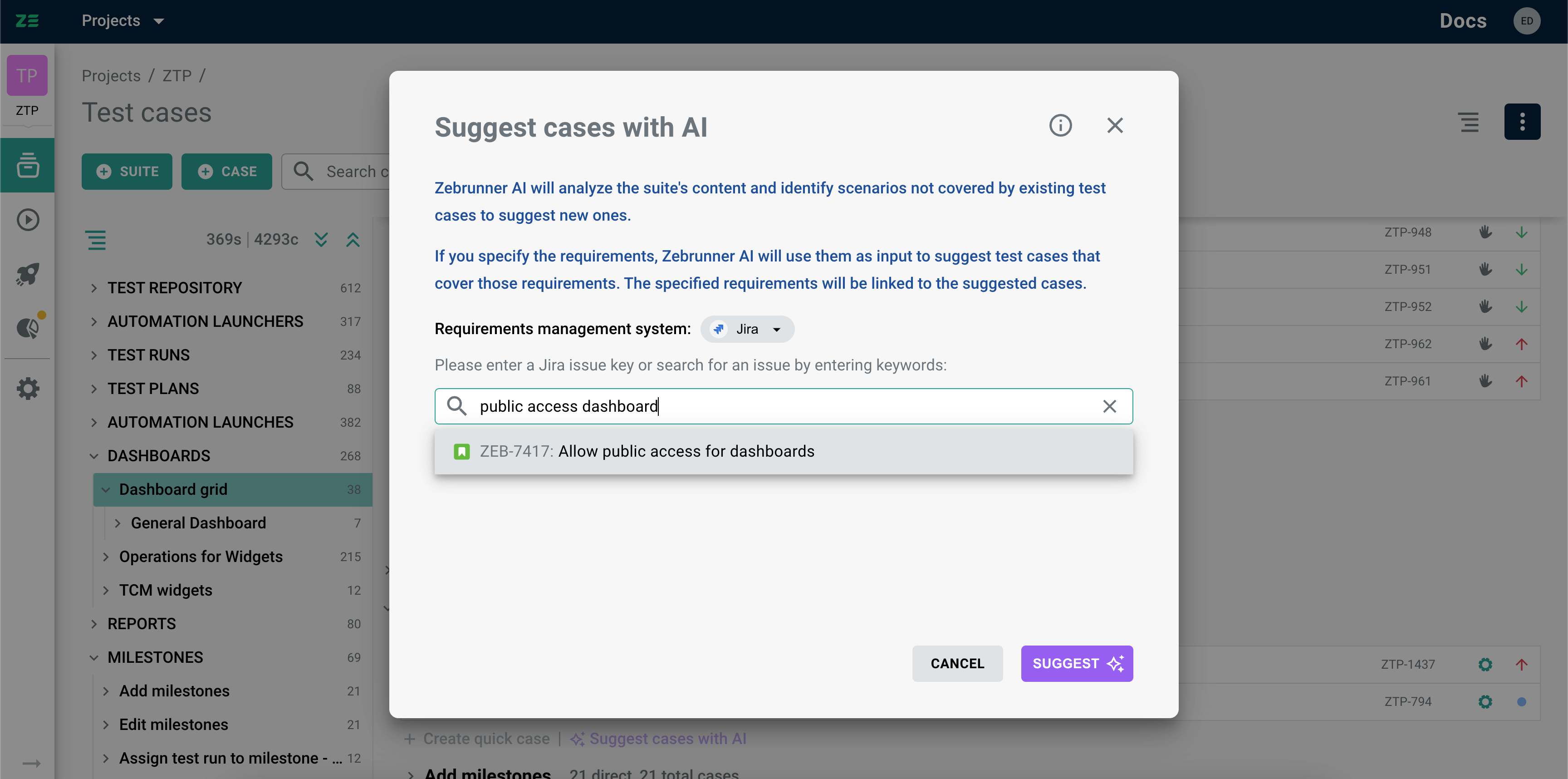 Suggest cases with AI modal