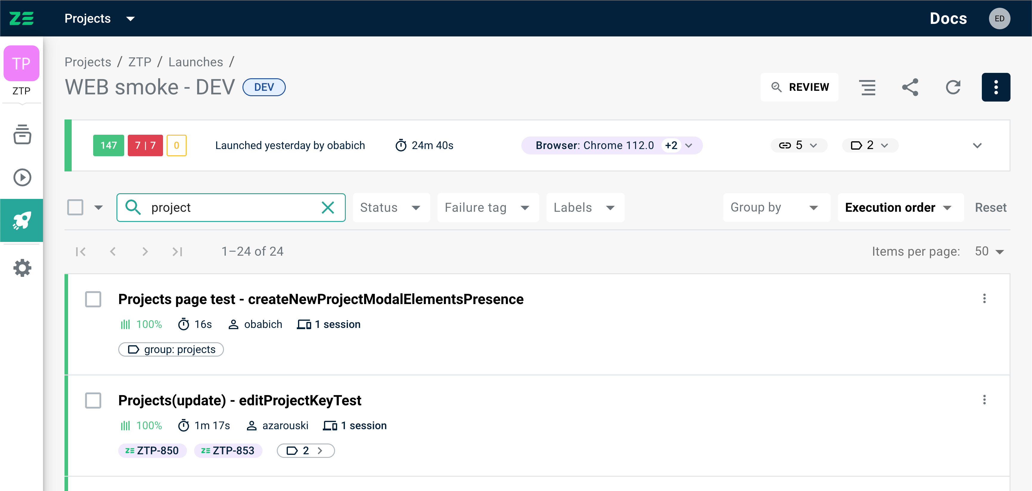 Searching tests on Launch view