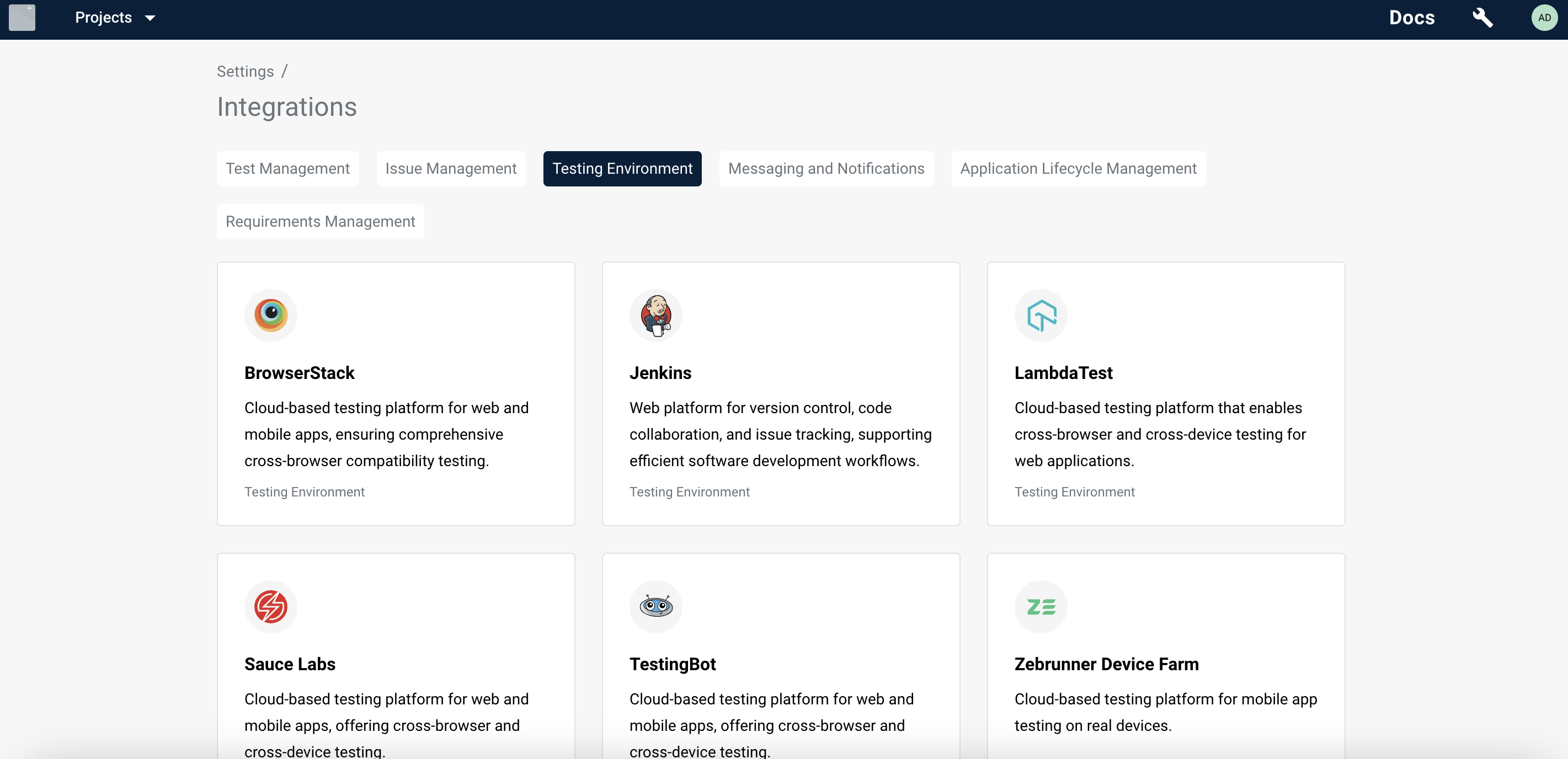 Integrations page