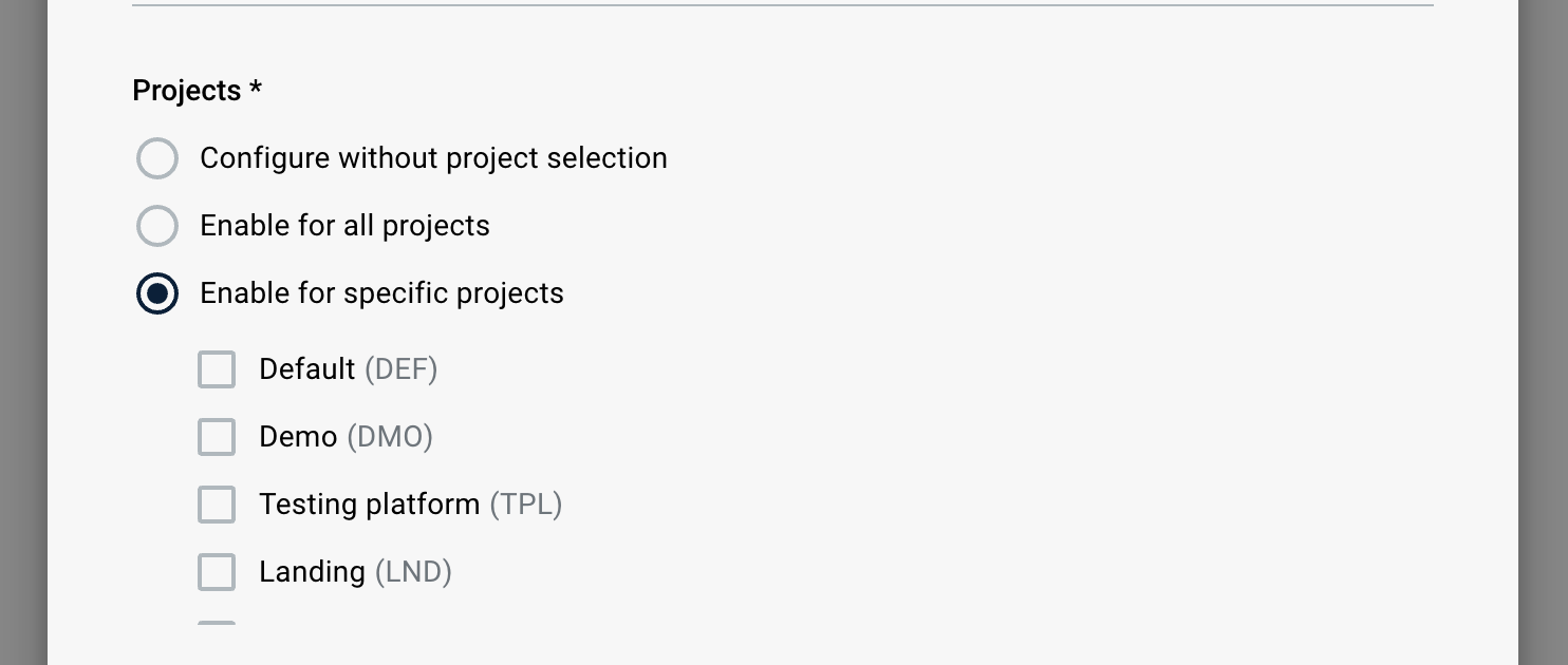 Projects selector